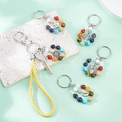 5Pcs 7 Chakra Gemstone Bead Pendant Keychain with Tibetan Style Alloy Charm&nbsp;KEYC-FH00032