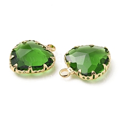 真鍮とK9ガラスのペンダント  ライトゴールド  ハートチャーム  ペリドット  19x15x6mm  穴：2mm&nbsp;KK-C024-03KCG