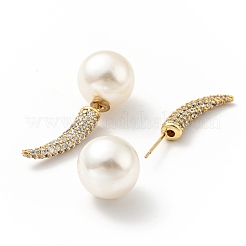 Clear Cubic Zirconia Horn with Acrylic Pearl Front Back Stud Earrings&nbsp;EJEW-G295-02A-G