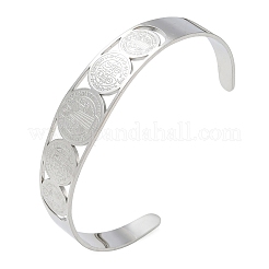 宗教 201 ステンレススチール 聖ベネディクト 中空オープンカフバングル  変色なし  プラチナ  内径：2.72インチ（6.9cm）&nbsp;SA-CBA3211-01P
