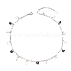 Natural Black Agate(Dyed & Heated) & Natural Pearl & 304 Stainless Steel Heart Tassel Curb Chain Necklaces&nbsp;NJEW-JN05342