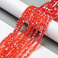 透明電気メッキガラスビーズ連売り  パール光沢メッキ  多面カット  双円錐形  レッド  4x4mm  穴：0.8~1mm  約75~78個/連  28~29cm&nbsp;EGLA-A039-T4mm-A14