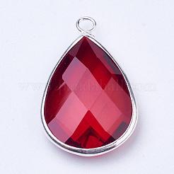 シルバーカラーメッキ真鍮ガラスティアドロップペンダント  多面カット  暗赤色  22x13x5mm  穴：2mm&nbsp;GLAA-M006-B-09S