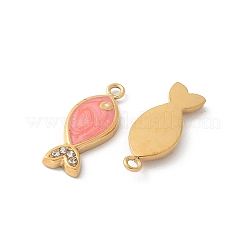 304ステンレススチールエナメルペンダント  ラインストーン付き  18KGP本金メッキ  魚のチャーム  イオンプレーティング（ip）  ピンク  16x6x2mm  穴：1.2mm&nbsp;STAS-Z122-22G-02