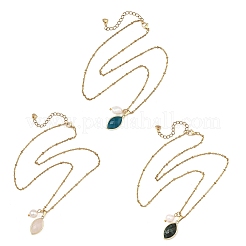 Natural Pearl Rice & Gemstone Faceted Horse Eye Pendant 304 Stainless Steel Satellite Chain Necklaces for Women&nbsp;NJEW-JN06263