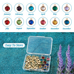 DIYの誕生石のアクセサリーを見つけるキットを作る  花とハートの真鍮ビーズを含む  フラット ラウンド ガラス & 合金文字 a ~ z ペンダント  ミックスカラー  5~11.5x6~11x3mm  穴：1.2~1.8mm  50個/箱&nbsp;FIND-TA0002-12