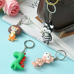Pvc プラスチック ペンダント キーホルダー  プラチナメッキ鉄スプリットキーリング付き  シマウマ/ヒョウ/ライオン/恐竜  ミックスカラー  10.5~12.6cm&nbsp;KEYC-YW0001-14