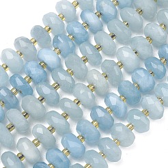 天然石アクアマリンビーズ連売り  ロンデル  多面カット  シードビーズで  9~10x5~5.5mm  穴：1mm  約52個/連  14.96インチ（38cm）&nbsp;G-L642-J03-03