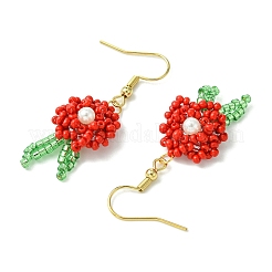 ガラスダングルピアス  シェルパールビーズと304ステンレススチールのピアスフック付き  花  レッド  45~46x16mm&nbsp;EJEW-MZ00316-02