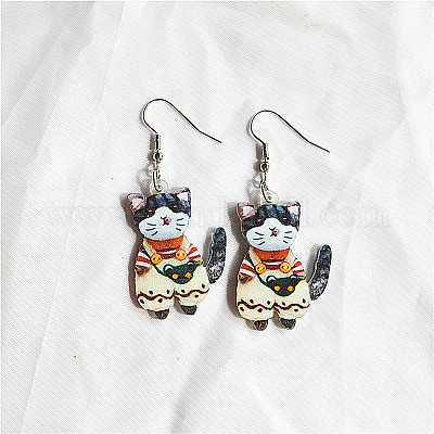 イースターのアクリルダングルイヤリング  猫の形  プラチナ  レモンシフォン  60x25mm&nbsp;FS-WG38FCF-03-1