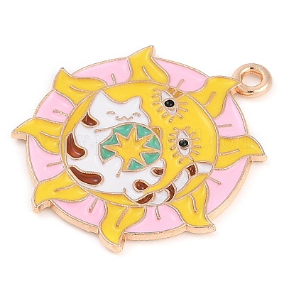 合金ペンダント  エナメル  猫の模様  ライトゴールド  太陽  38.5x35.5x1.5mm  穴：1.8mm&nbsp;ENAM-R004-01KCG-01-1