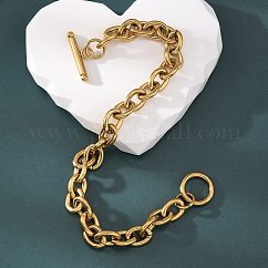 PVD Vacuum Plating 304 Stainless Steel Cable Chain Bracelets, Long-Lasting Plated, with Toggle Clasps, Golden, 8-5/8 inch(22cm), 8mm
