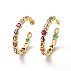 Ion Plating(IP) Cubic Zirconia Geometry Stud Earring, Real 18K Gold Plated Brass Half Hoop Earrings for Women, Colorful, 33.5x35x5mm, Pin: 0.6mm