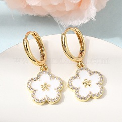 Brass Micro Pave Clear Cubic Zirconia Enamel Dangle Hoop Earrings, Flower, Rack Plating, Long-Lasting Plated, Cadmium Free & Lead Free, Real 18K Gold Plated, White, 29.5x13.5mm