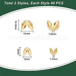 80個2スタイル304ステンレススチールビーズキャップ  4花びら  花  ゴールドカラー  9~14.5x9~15x6.5~7.5mm  穴：1.4~1.6mm  40個/スタイル&nbsp;STAS-UN0046-20G