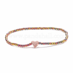 Glass Round Beaded Stretch Bracelet with Brass Heart for Women&nbsp;BJEW-JB08090