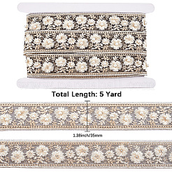 5ヤードのポリエステル刺繍フラワーレースリボン（模造真珠付き）  衣装装飾用  ブラック  1-3/8インチ（35mm）&nbsp;OCOR-CY0001-16A
