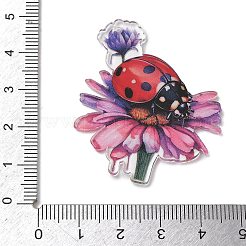 印刷されたアクリルパーツ  花のチャームが付いたてんとう虫  ショッキングピンク  44x38x2.5mm  穴：2mm&nbsp;AC-G001-02