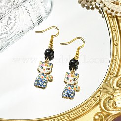 5 ペア 5 スタイル ラック メッキ合金猫の形のダングル イヤリング  アクリルビーズ付き  ミックスカラー  56x14.5mm  1ペア/スタイル&nbsp;EJEW-JE05446