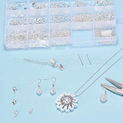 メタルジュエリーパーツキット  アイアンヘッド/アイピン付き  折りたたみ式カシメエンドパーツ  つぶし玉カバー/リボンエンド/ツイストチェーンエクステンション  合金製カニカン  真鍮チェーンとピアスフック  銀色のメッキ  6~22x1~7mm&nbsp;FIND-YW0001-05S