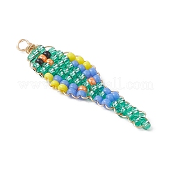 ガラスシードビーズペンダント  鳥のチャーム  銅線と  ライトゴールド  グリーン  40.5x10.5x2.5mm  穴：1.8mm&nbsp;PALLOY-MZ01239-02