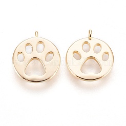 真鍮製チャーム  犬の足のプリントとフラットラウンド  ニッケルフリー  18KGP本金メッキ  14x12x1mm  穴：1mm&nbsp;X-KK-T025-28G
