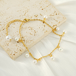 Plastic Imitation Pearl White Round Tassel 304 Stainless Steel Chain Anklets for Women&nbsp;FS-WG0F4BB-01