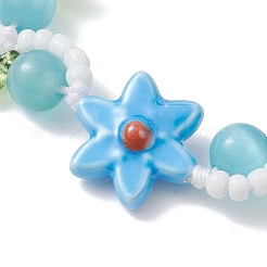 3個の花の手作り磁器と猫の目とアクリルビーズ編みビーズブレスレット  女性用調節可能な編み込みナイロンコードブレスレット  ミックスカラー  内径：2-1/4~2-3/4インチ（5.6~7cm）&nbsp;BJEW-TA00700