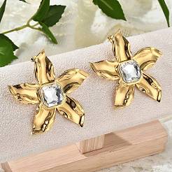 304ステンレススチール、キュービックジルコニアスタッドピアス  花  18KGP本金メッキ  55x57mm&nbsp;EJEW-Z084-12G