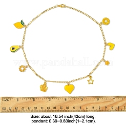 花とフルーツとハートの合金イエローエナメルペンダントネックレス  女性用304ステンレススチールカーブチェーンネックレス  ゴールドカラー  16.54インチ（42cm）&nbsp;NJEW-FS00011