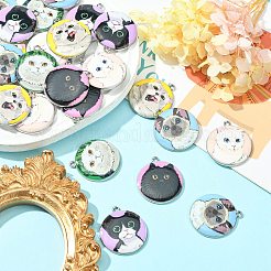 30個6スタイルプリントアロイペンダント  プラチナ  猫のチャーム付きフラットラウンド  ミックスカラー  28x24.5x2.7mm  穴：1.4mm  5個/スタイル&nbsp;ENAM-CJ0004-70