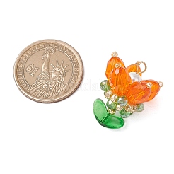 クリアガラスペンダント  花のチャーム  ガラスパールビーズと304ステンレススチールループ付き  ダークオレンジ  29.5x23x22mm  穴：4x2.5mm&nbsp;PALLOY-MZ00722-02