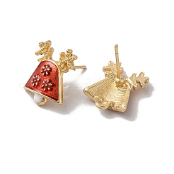 女性用クリスマスベル合金エナメルスタッドピアス  304ステンレスピン付き  カドミウムフリー＆ニッケルフリー＆鉛フリー  ライトゴールド  16.5x13mm  ピン：0.8mm&nbsp;X-EJEW-E284-08LG