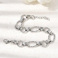 女性用ハンマー加工304ステンレススチールリンクチェーンブレスレット  オーバル·リング  カニカン付き  ステンレス鋼色  7.48インチ（19cm）&nbsp;BJEW-L720-01P