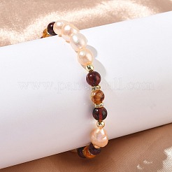 Natural Freshwater Pearl and Amber Beads Stretch Bracelets for Women&nbsp;BJEW-JB13723