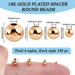 400 個 4 スタイル真鍮ラウンドスペーサービーズ  18KGP本金メッキ  2~6mm  穴：1~1.5mm  100個/スタイル&nbsp;KK-BBC0015-07
