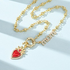 Mother's Day Brass Micro Pave Clear Cubic Zirconia Enamel Red Sacred Heart Mama Pendant Necklaces for Women&nbsp;NJEW-A071-12C-G