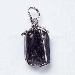 天然黒トルマリンペンダント  ナゲット  真鍮のパーツと  プラチナ  31~40x15~20mm  穴：7mm&nbsp;G-G681-15