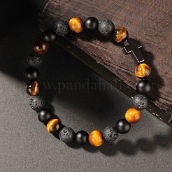 Natural Tiger Eye & Lava Rock & Black Stone Round Beads Stretch Bracelets&nbsp;LS-LL8667