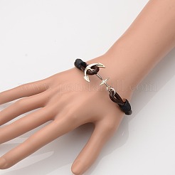 合金ブレスレット  ワックスドコットンコード付き牛革レザーコード  アンカー＆舵  銀色のメッキ  190mm&nbsp;BJEW-PJB846-1