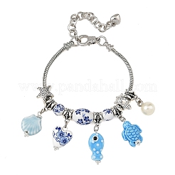 European Blue White Handmade Porcelain Ocean Fish Turtle Shell Charm Brass Snake Chain Bracelets&nbsp;BJEW-JB14402