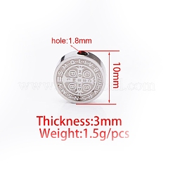変色しにくいステンレススチールビーズ  宗教模様のフラットラウンド  ステンレス鋼色  10x3mm  穴：1.8mm&nbsp;RELI-PW0001-086P