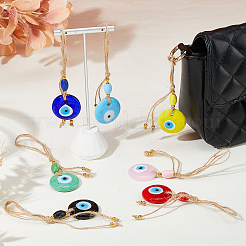 7Pcs 7 Colors Handmade Lampwork Flat Round Evil Eye with Wood Bead Pendant Decorations&nbsp;HJEW-FH00248
