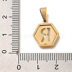 304ステンレススチールチャーム  18KGP本金メッキ  レターチャーム付き六角形  文字r  15x14x1.5mm  穴：3x5.5mm&nbsp;LS-STAS-H227-01G-R