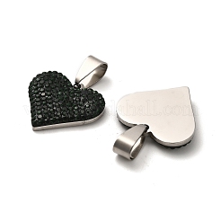 201 ステンレススチール粘土ペンダント  ラインストーン付き  ハート  ステンレス鋼色  エメラルド  18.5x20x3mm  穴：8.5x4mm&nbsp;STAS-R166-02E-P