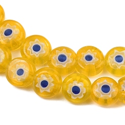 ハンドメイドミッレフィオーリガラスフラットラウンドビーズ連売り  シングルフラワーデザイン  ゴールド  6x2.5mm  穴：1mm  約64~68個/連  14.5~15インチ&nbsp;LK-P010-01