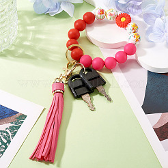 Silicone Round Beads & Imitation Leather Tassel Keychains&nbsp;HJEW-TAC0135