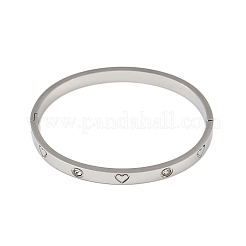 201ステンレススチールとラインストーンの女性用バングル  ハート  ステンレス鋼色  1/4インチ（0.6cm）  内径：2-3/8x2インチ（6x5cm）&nbsp;BJEW-B138-04P