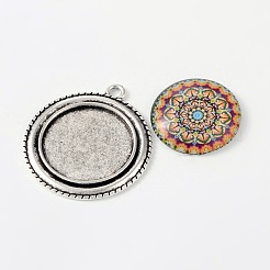 Flat Round Alloy Pendant Cabochon Bezel Settings and Geometric Flower Printed Glass Cabochons&nbsp;TIBEP-X0171-03