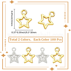 200本2色合金チャーム  中空の星のチャーム  ゴールデン＆シルバー  12x9.3~10x1mm  穴：1.6mm  100個/カラー&nbsp;FIND-SC0019-54